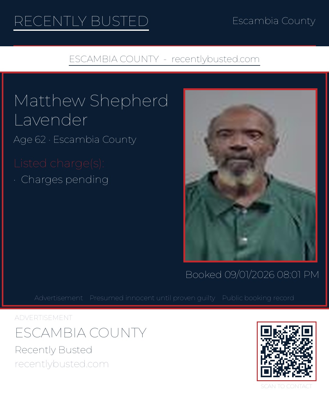 Matthew Shepherd Lavender — arrest record card, Escambia County, Florida