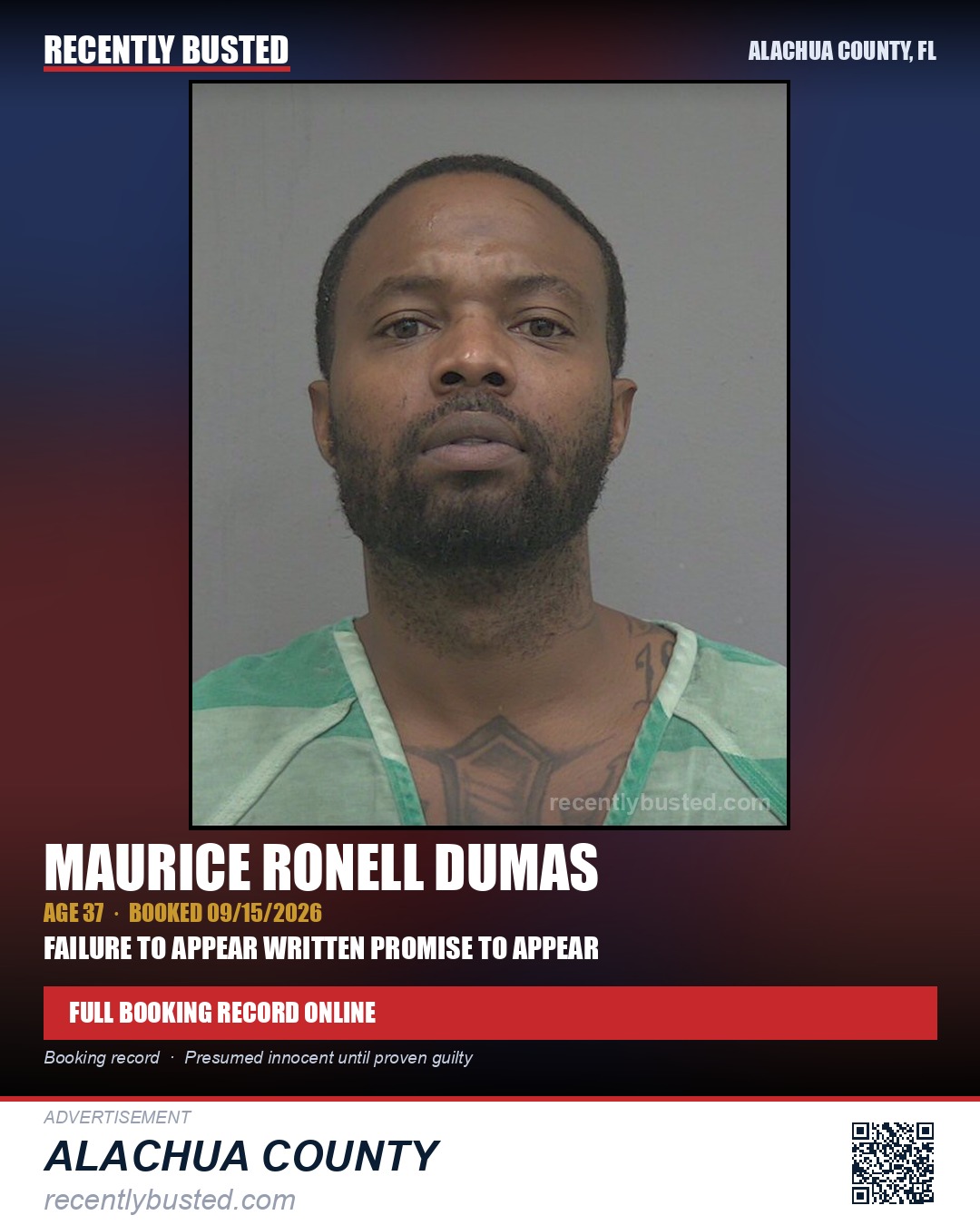 Maurice Ronell Dumas — arrest record card, Alachua County, Florida