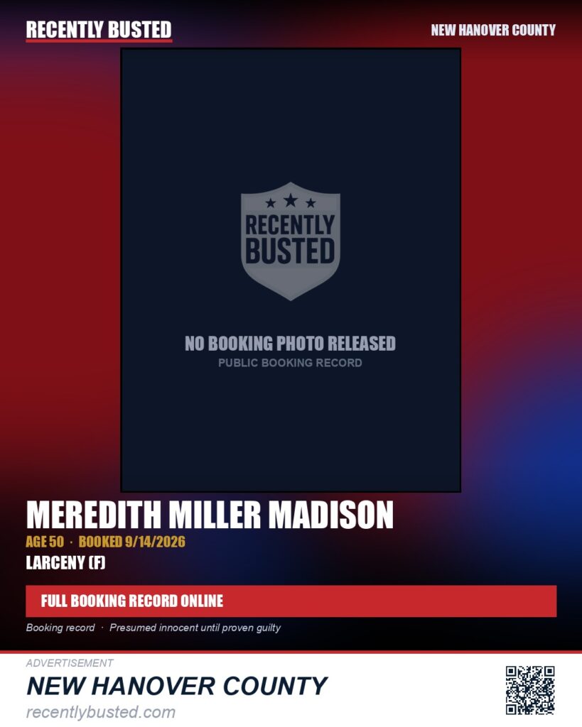 MEREDITH MILLER MADISON — arrest record card, New Hanover