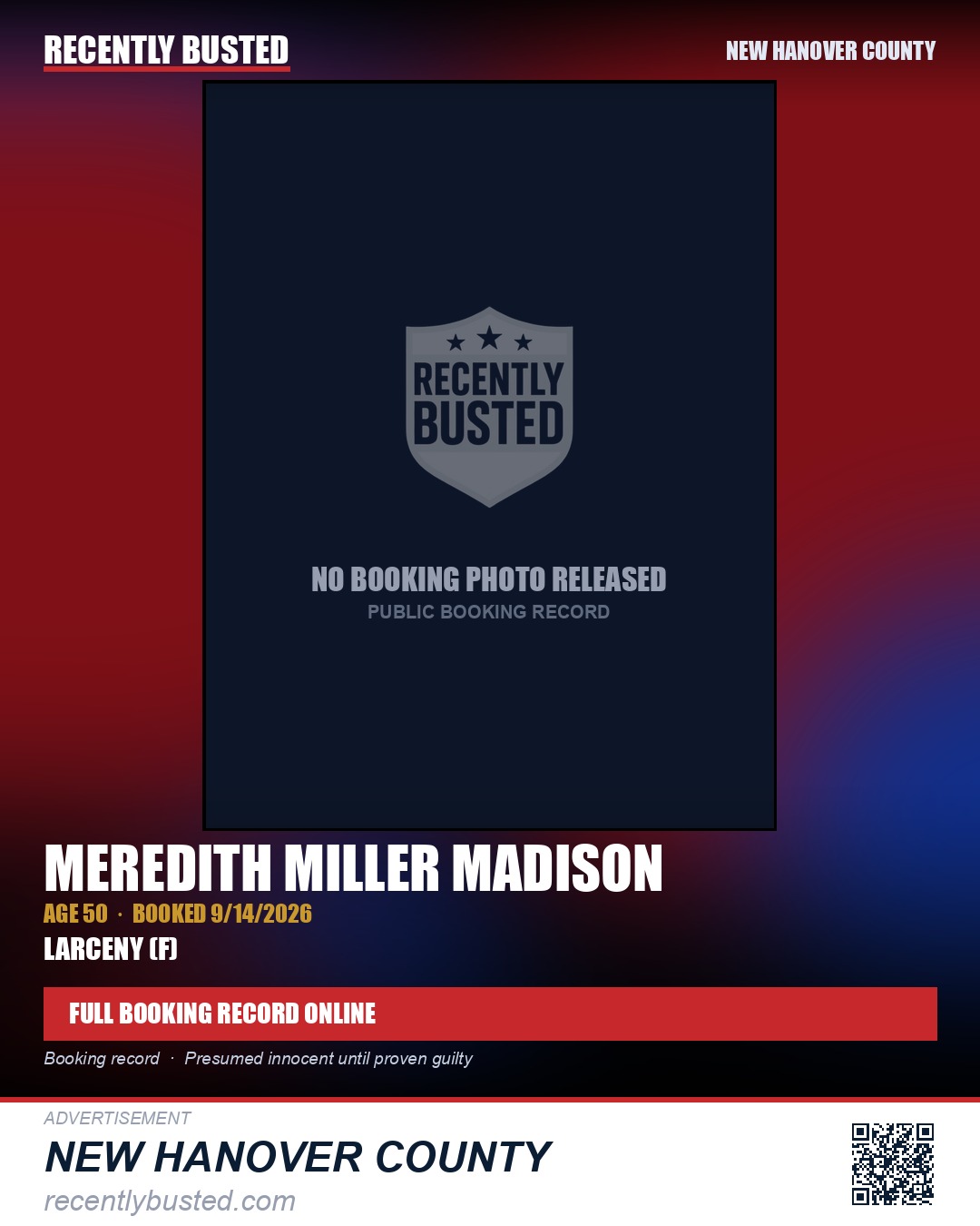 MEREDITH MILLER MADISON — arrest record card, New Hanover County