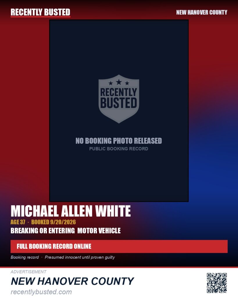 MICHAEL ALLEN WHITE — arrest record card, New Hanover County