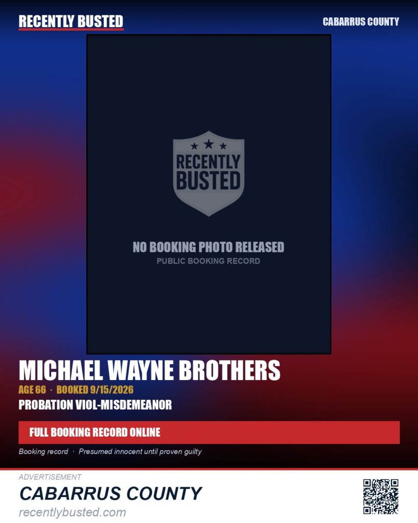 MICHAEL WAYNE BROTHERS — arrest record card, Cabarrus County