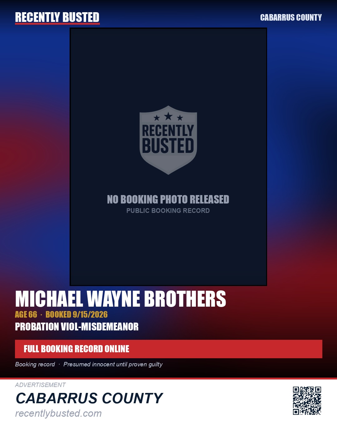 MICHAEL WAYNE BROTHERS — arrest record card, Cabarrus County