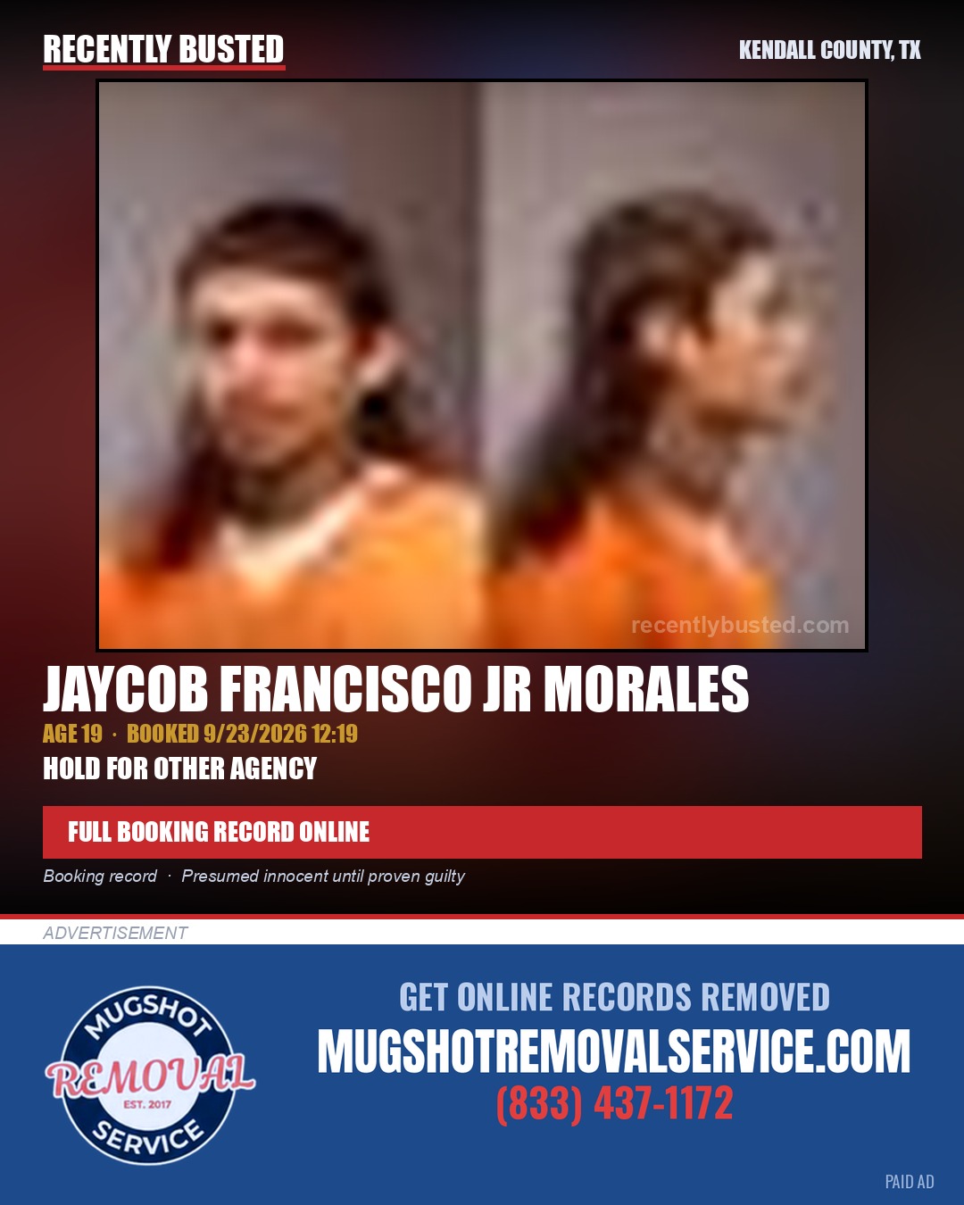 MORALES, JAYCOB FRANCISCO JR — arrest record card, Kendall County, Illinois
