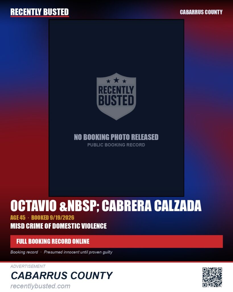 OCTAVIO CABRERA CALZADA — arrest record card, Cabarrus County