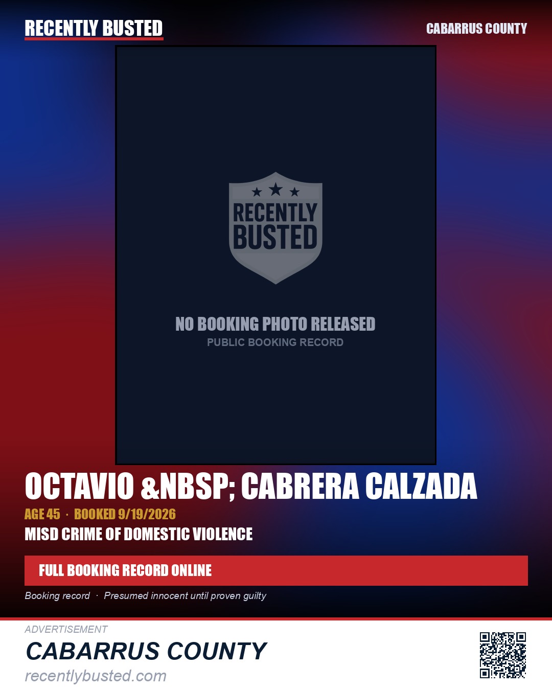 OCTAVIO &nbsp; CABRERA CALZADA — arrest record card, Cabarrus County