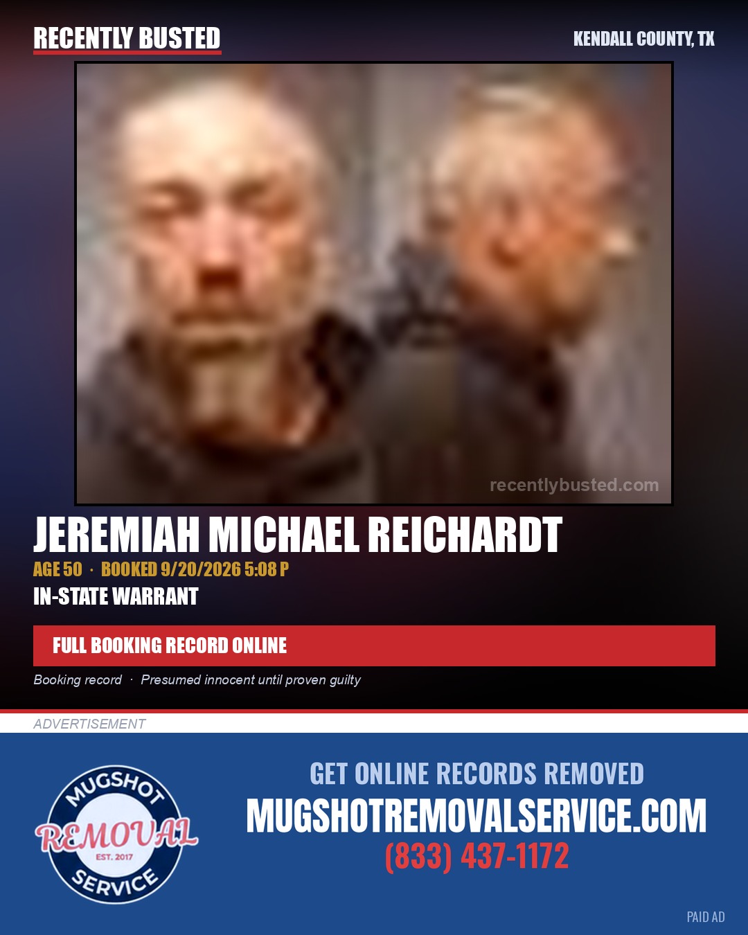 REICHARDT, JEREMIAH MICHAEL — arrest record card, Kendall County, Illinois