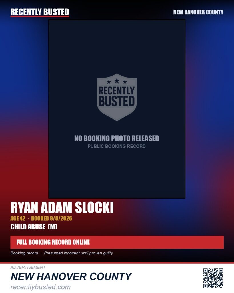 RYAN ADAM SLOCKI — arrest record card, New Hanover County