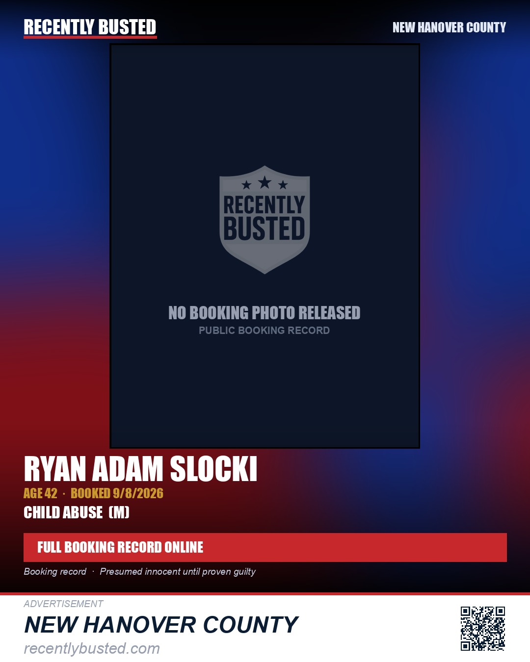 RYAN ADAM SLOCKI — arrest record card, New Hanover County