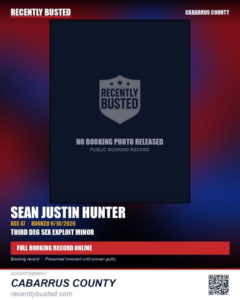 SEAN JUSTIN HUNTER — arrest record card, Cabarrus County