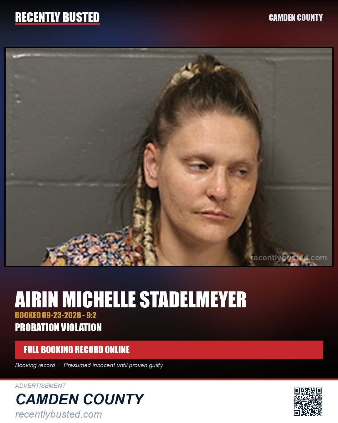 Stadelmeyer, Airin Michelle — arrest record card, Camden County