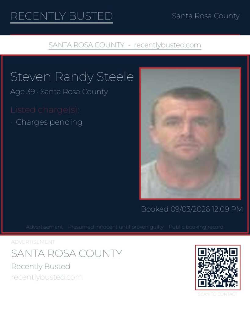 Steven Randy Steele — arrest record card, Santa Rosa County, Florida