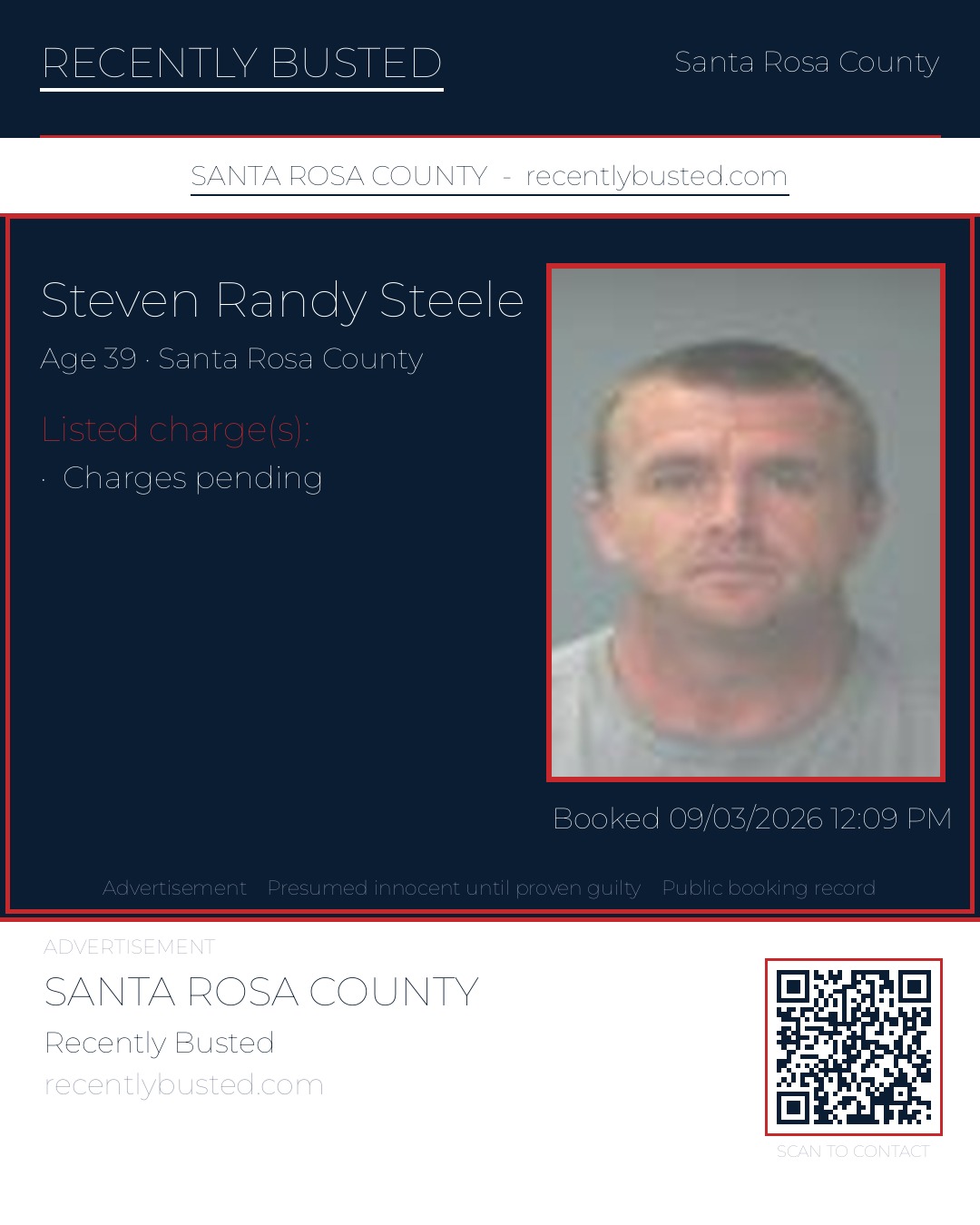 Steven Randy Steele — arrest record card, Santa Rosa County, Florida
