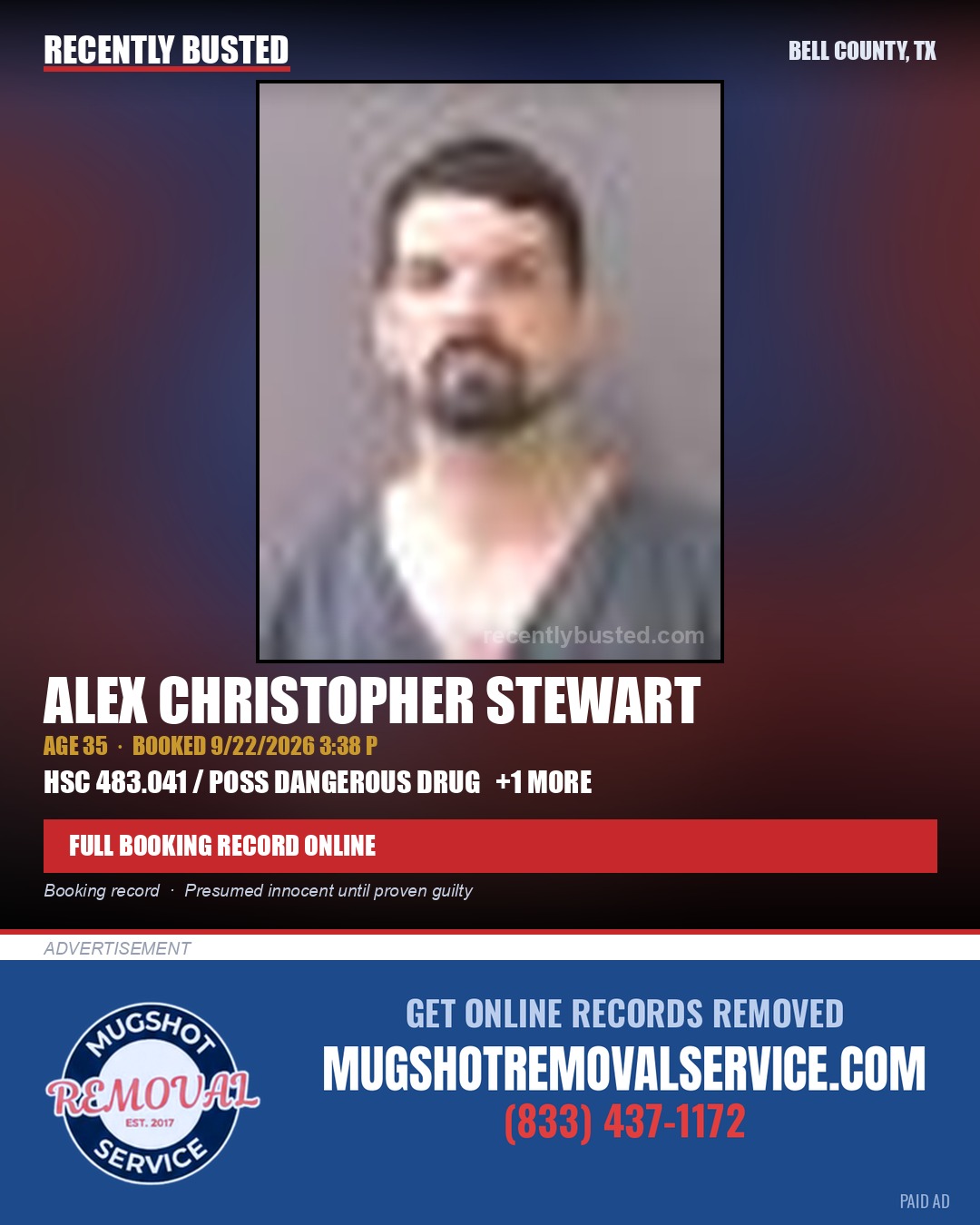 STEWART, ALEX CHRISTOPHER — arrest record card, Bell County, Texas