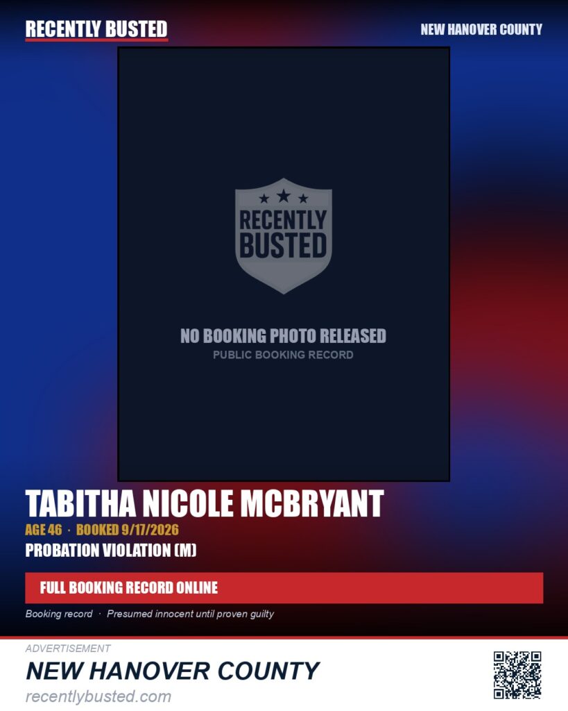 TABITHA NICOLE MCBRYANT — arrest record card, New Hanover