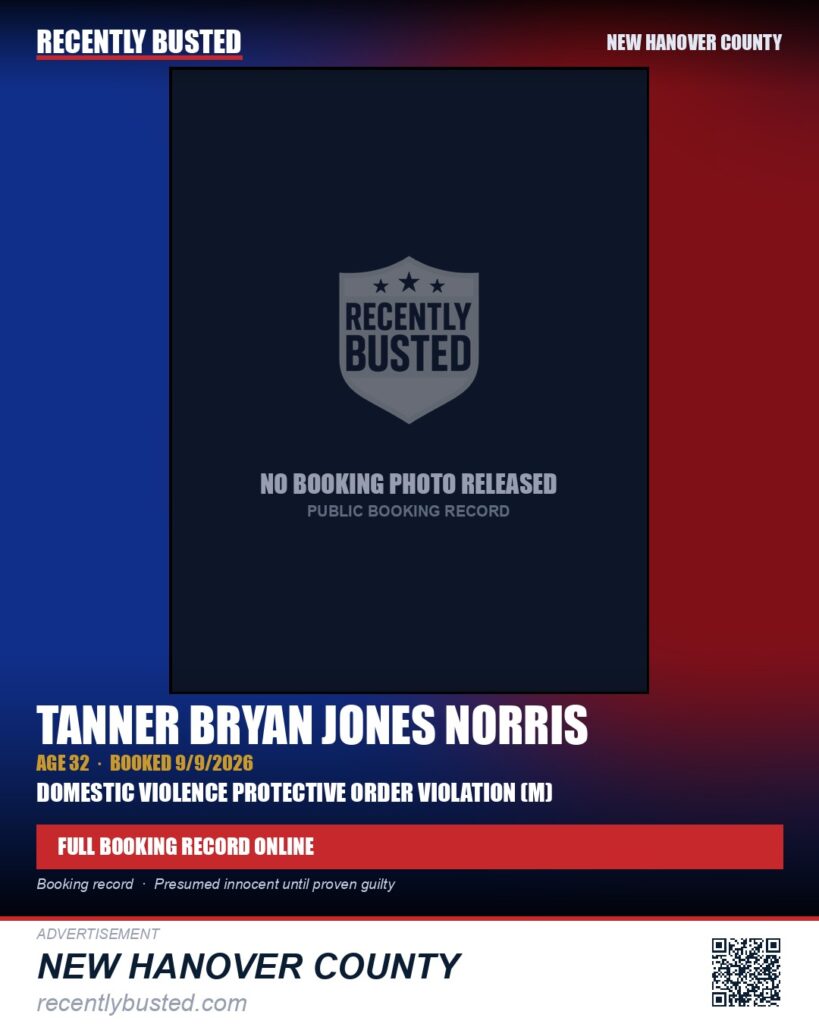 TANNER BRYAN JONES NORRIS — arrest record card, New Hanover