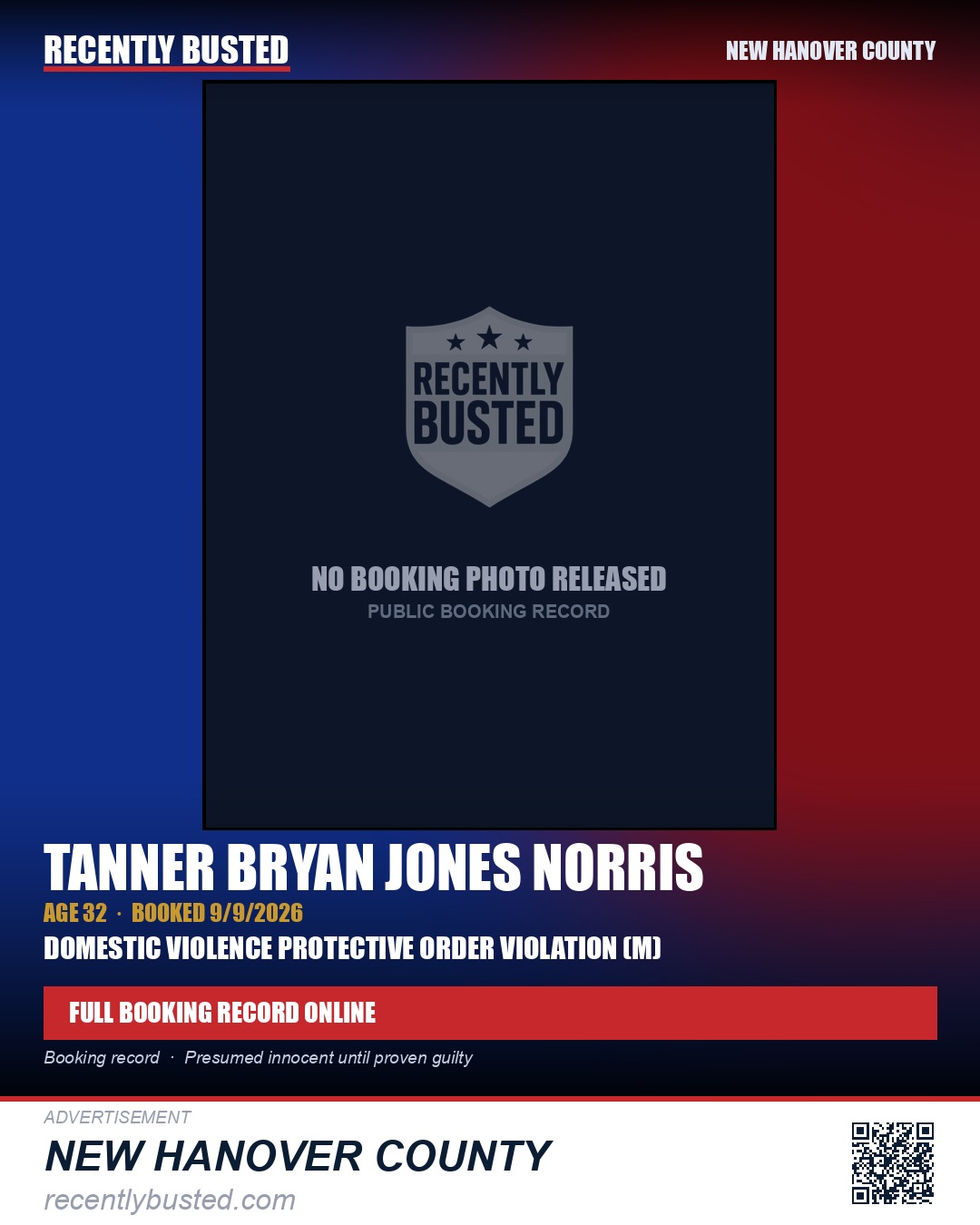 TANNER BRYAN JONES NORRIS — arrest record card, New Hanover County