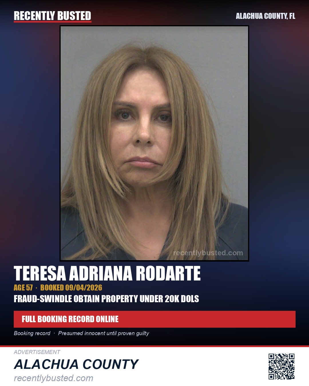 Teresa Adriana Rodarte — arrest record card, Alachua County, Florida