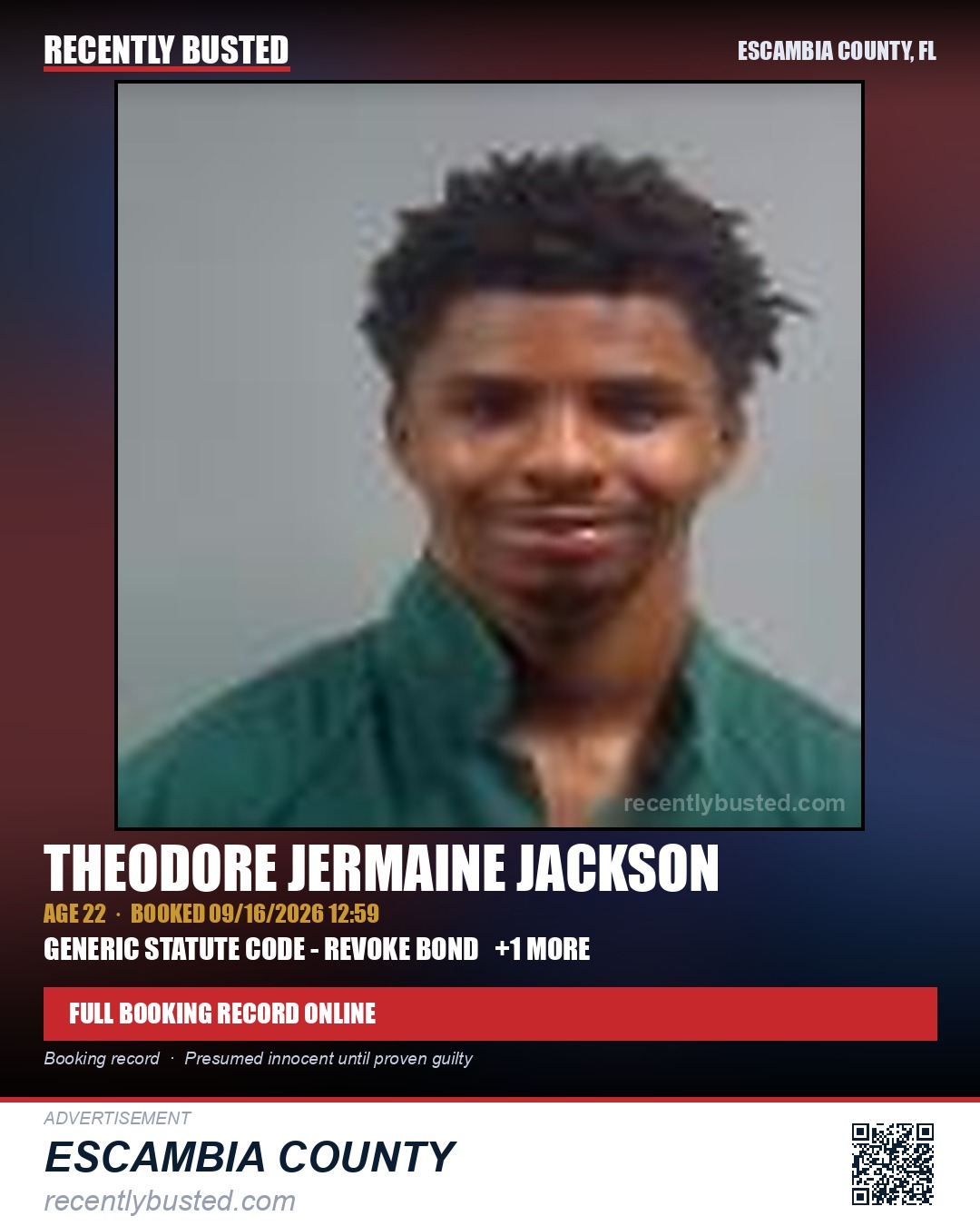 Theodore Jermaine Jackson — arrest record card, Escambia County, Florida