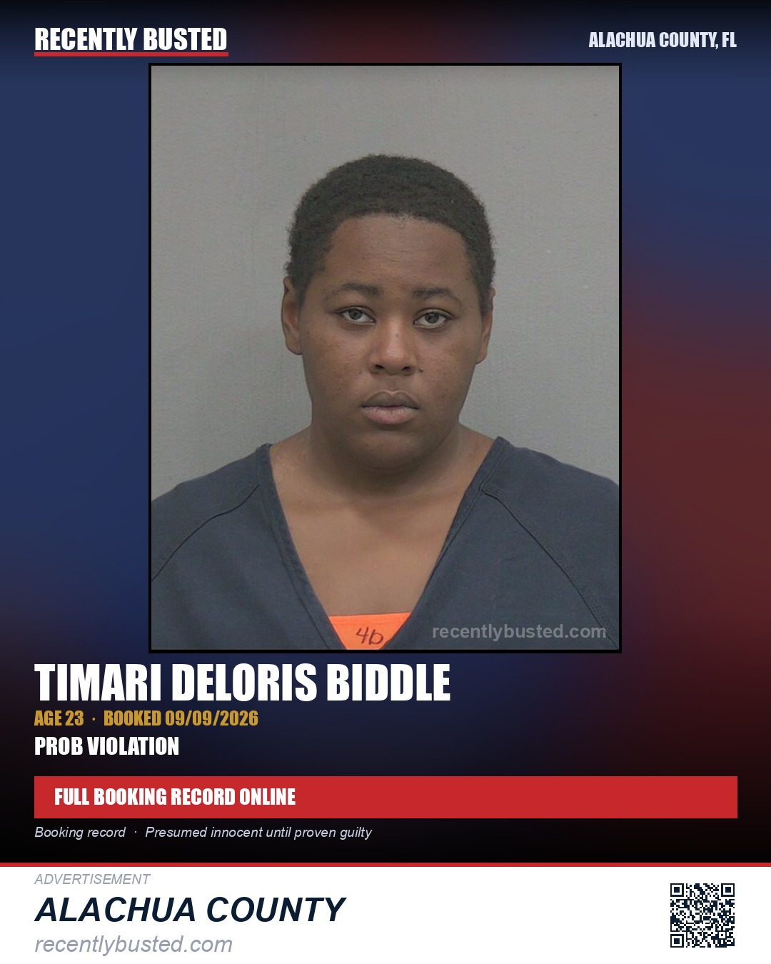 Timari Deloris Biddle — arrest record card, Alachua County, Florida