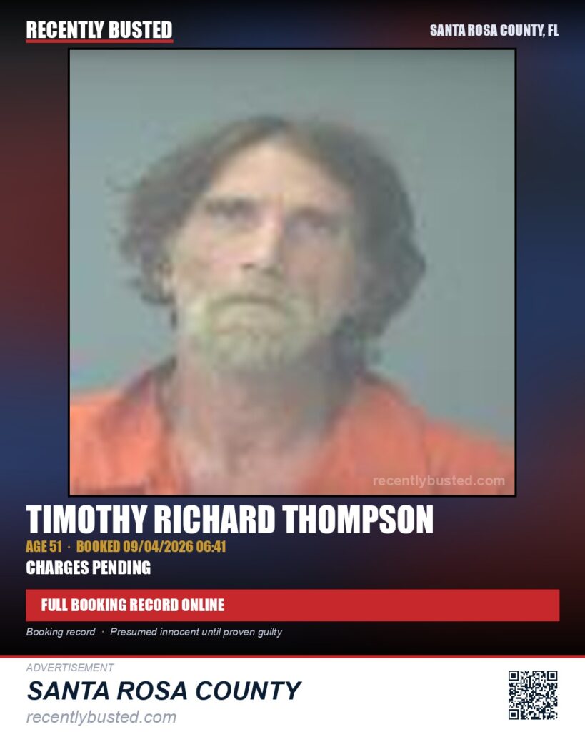 Timothy Richard Thompson — arrest record card, Santa Rosa County, Florida