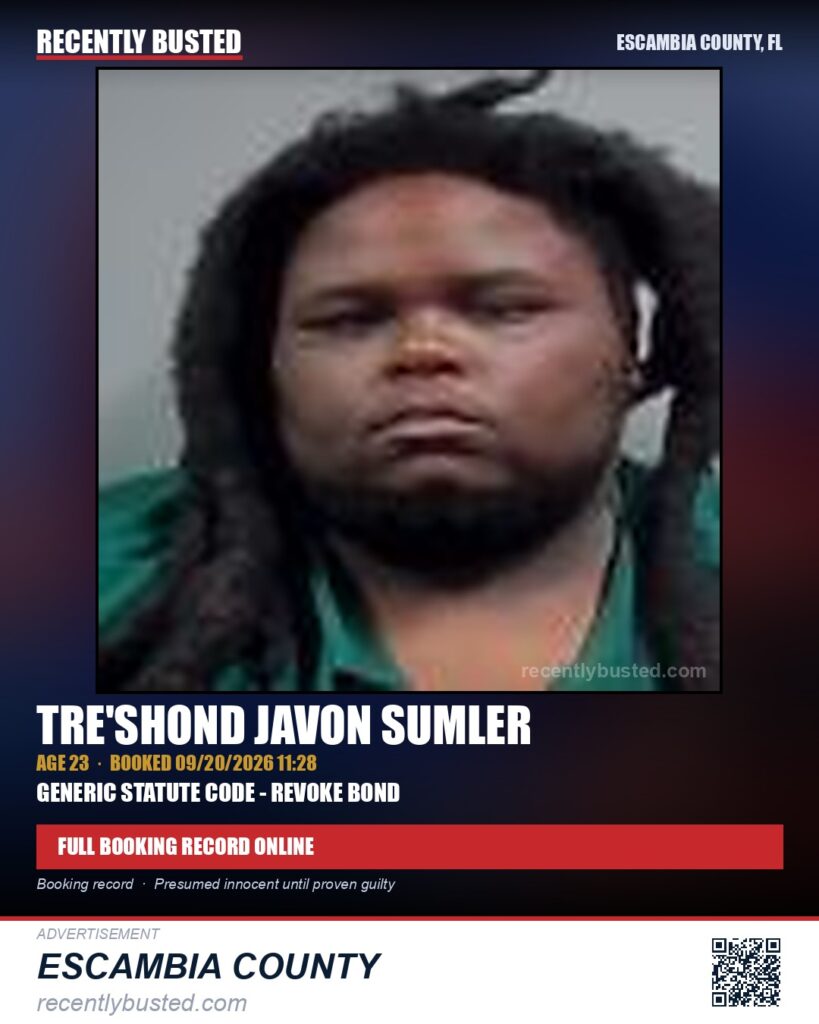 Tre’Shond Javon Sumler — arrest record card, Escambia County, Florida