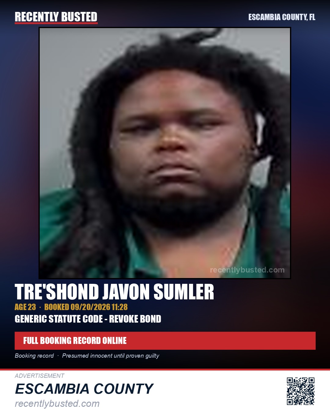 Tre'Shond Javon Sumler — arrest record card, Escambia County, Florida