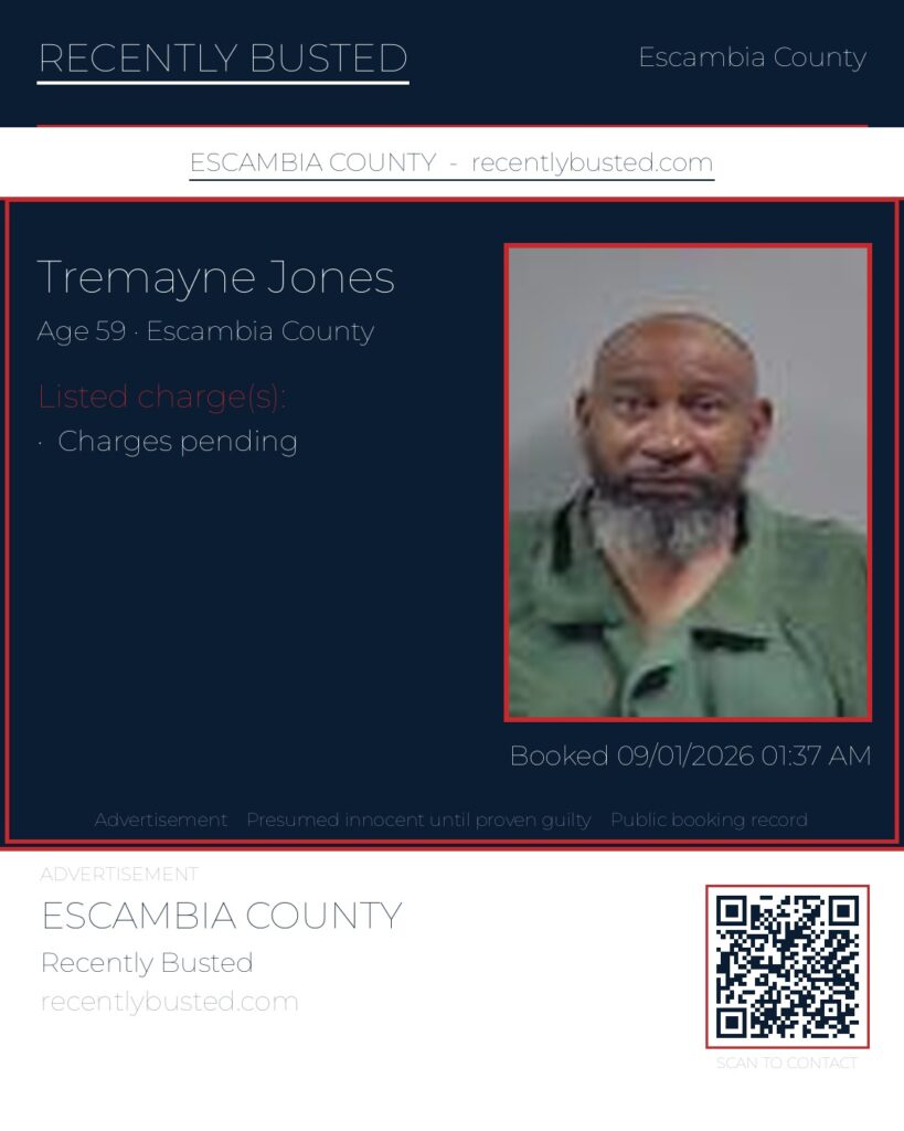 Tremayne Jones — arrest record card, Escambia County, Florida