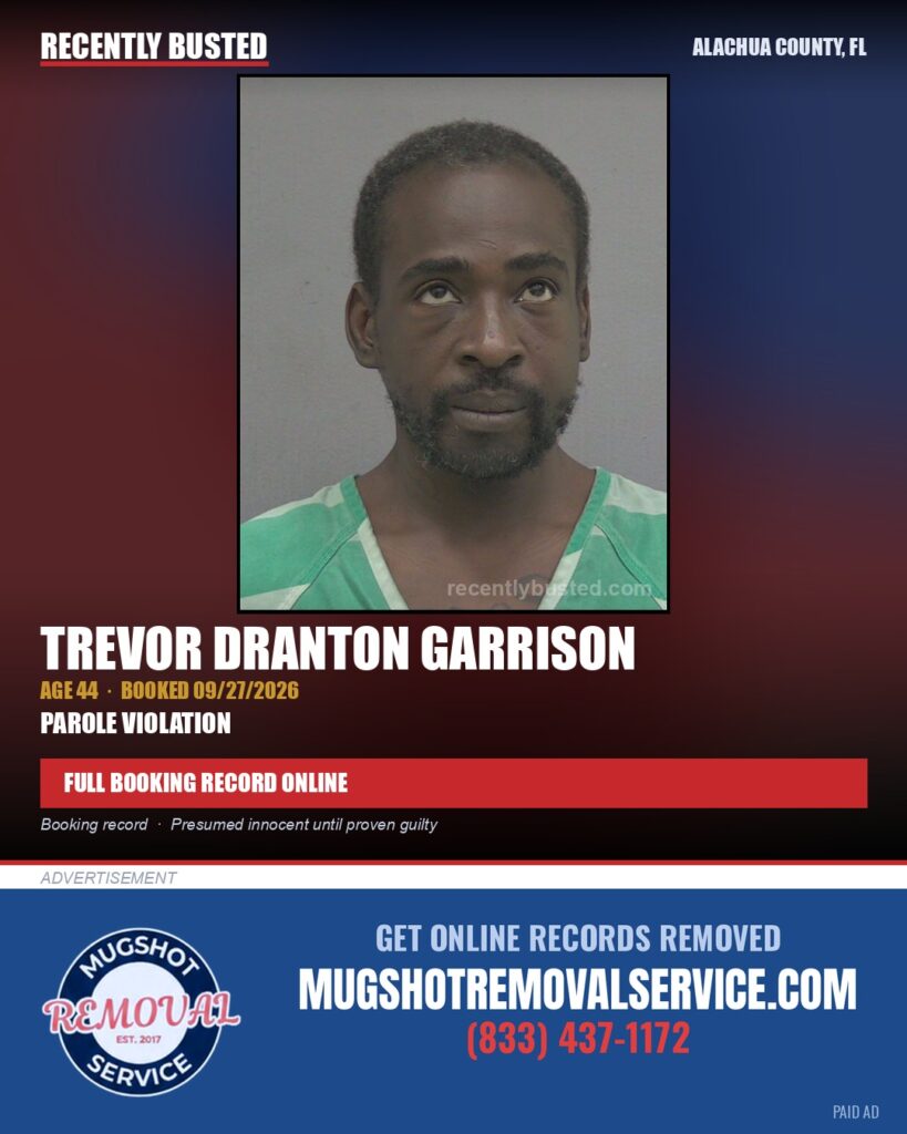 Trevor Dranton Garrison — arrest record card, Alachua County, Florida