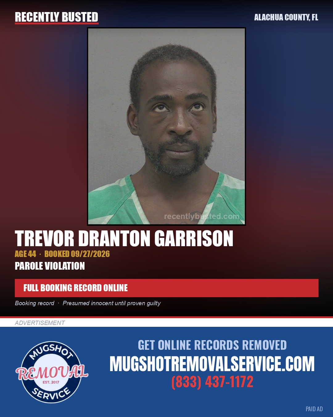 Trevor Dranton Garrison — arrest record card, Alachua County, Florida