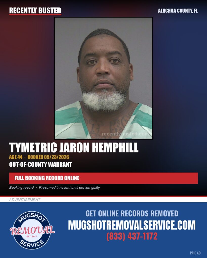 Tymetric Jaron Hemphill — arrest record card, Alachua County, Florida