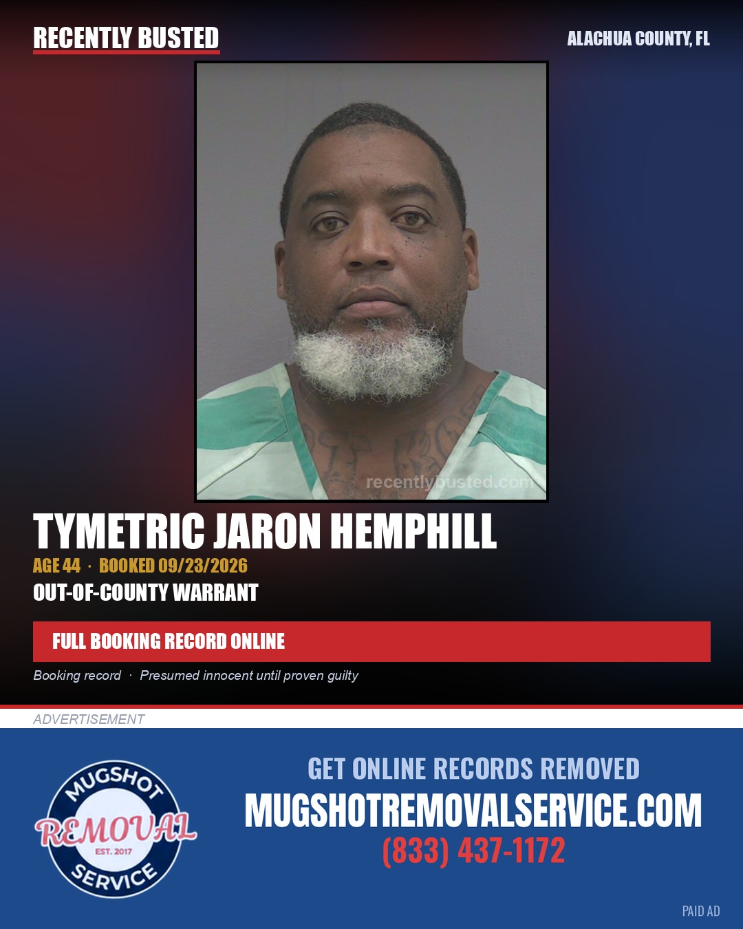 Tymetric Jaron Hemphill — arrest record card, Alachua County, Florida