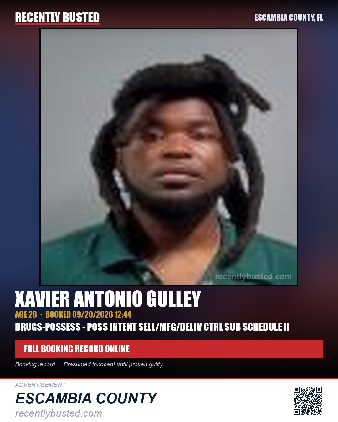 Xavier Antonio Gulley — arrest record card, Escambia County, Florida