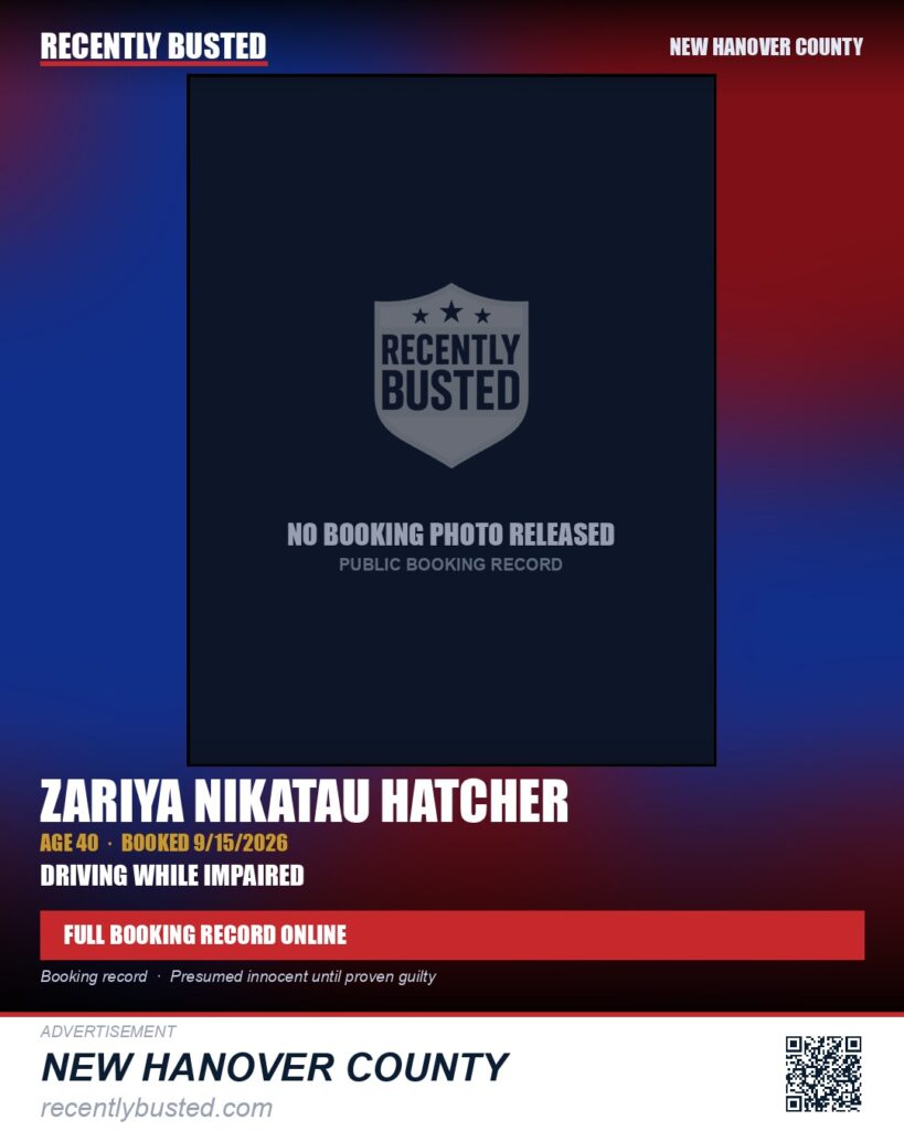 ZARIYA NIKATAU HATCHER — arrest record card, New Hanover