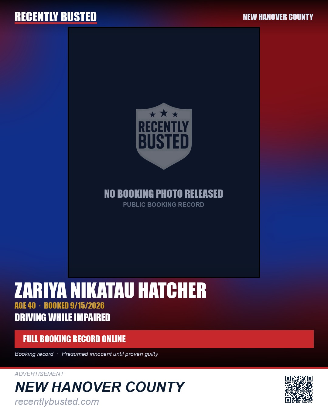 ZARIYA NIKATAU HATCHER — arrest record card, New Hanover County