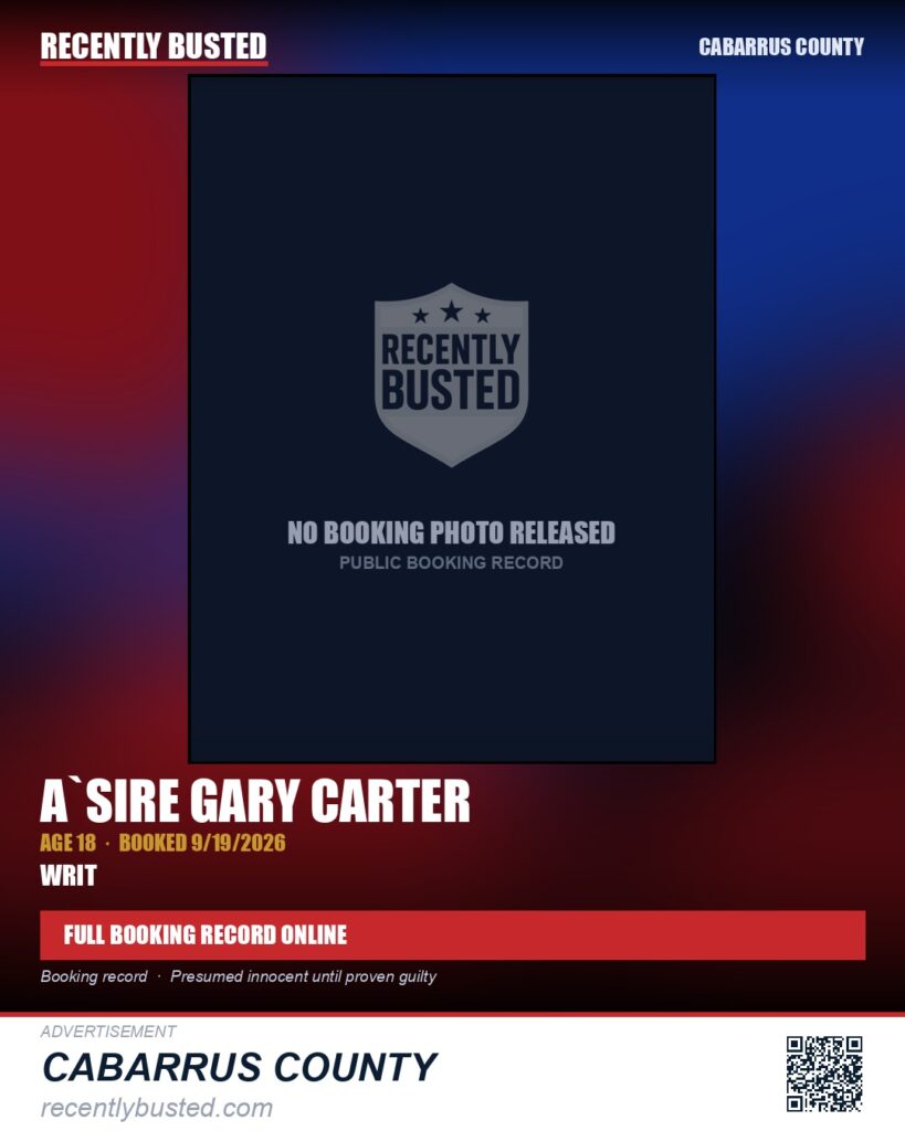 A`SIRE GARY CARTER — arrest record card, Cabarrus County