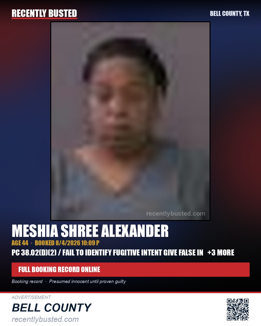 ALEXANDER, MESHIA SHREE — arrest record card, Bell County, Texas