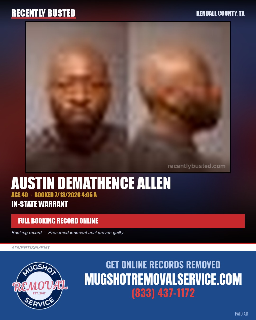 ALLEN, AUSTIN DEMATHENCE — arrest record card, Kendall County, Illinois