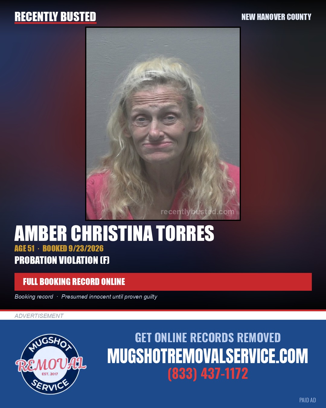 AMBER CHRISTINA TORRES — arrest record card, New Hanover County