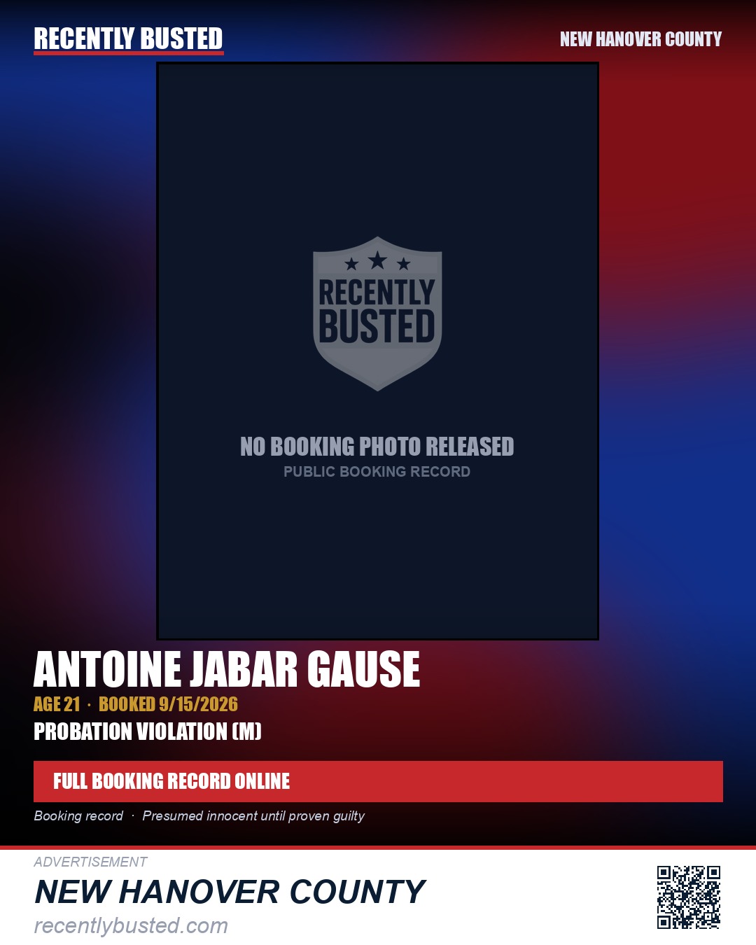ANTOINE JABAR GAUSE — arrest record card, New Hanover County