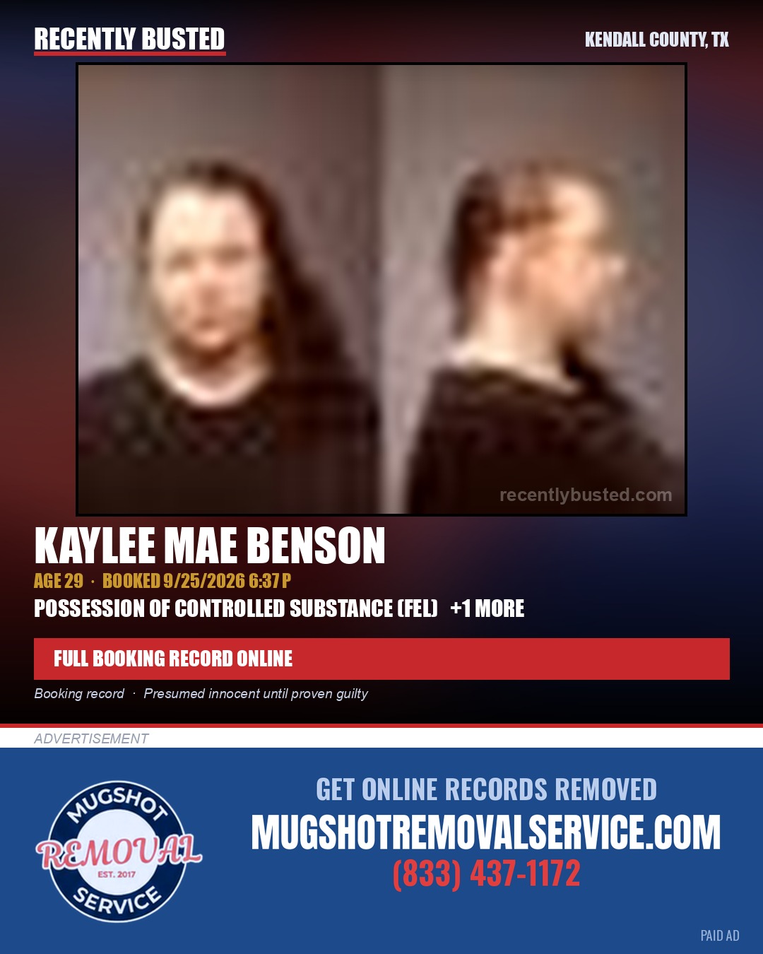 BENSON, KAYLEE MAE — arrest record card, Kendall County, Illinois