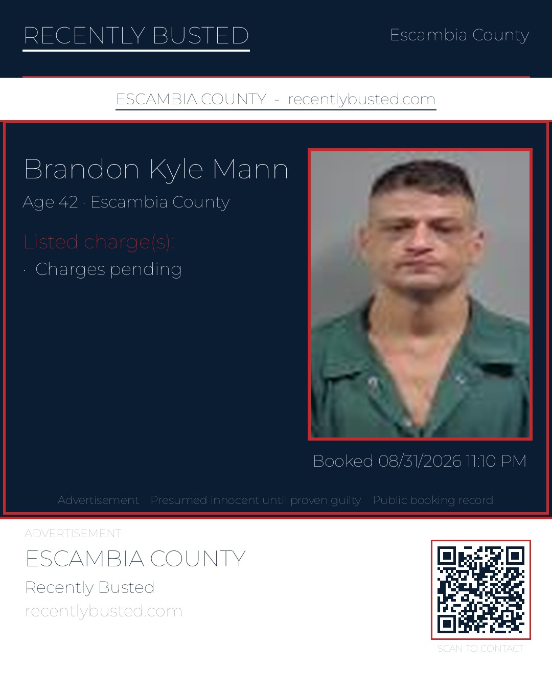 Brandon Kyle Mann — arrest record card, Escambia County, Florida