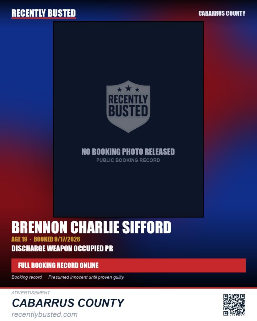 BRENNON CHARLIE SIFFORD — arrest record card, Cabarrus County