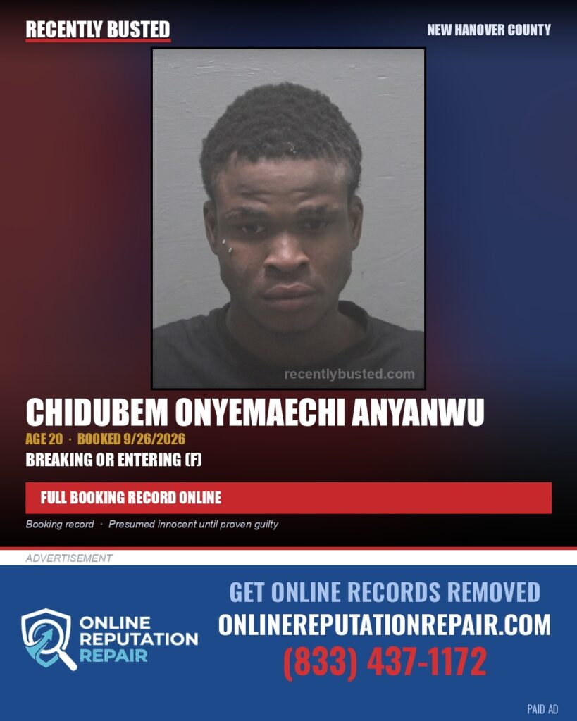 CHIDUBEM ONYEMAECHI ANYANWU — arrest record card, New Hanover