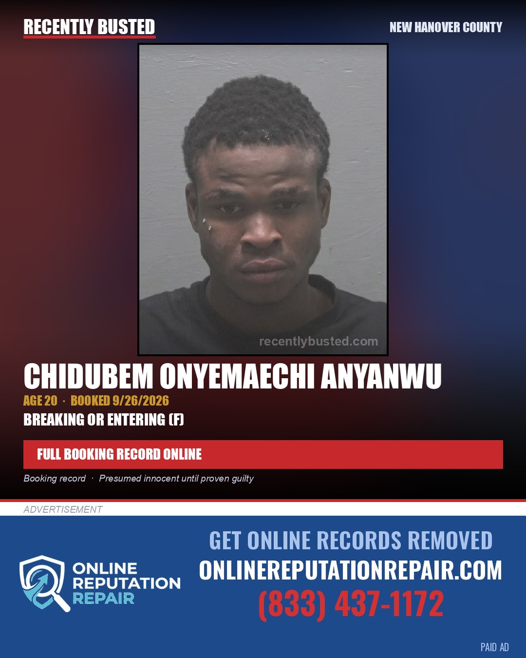 CHIDUBEM ONYEMAECHI ANYANWU — arrest record card, New Hanover County