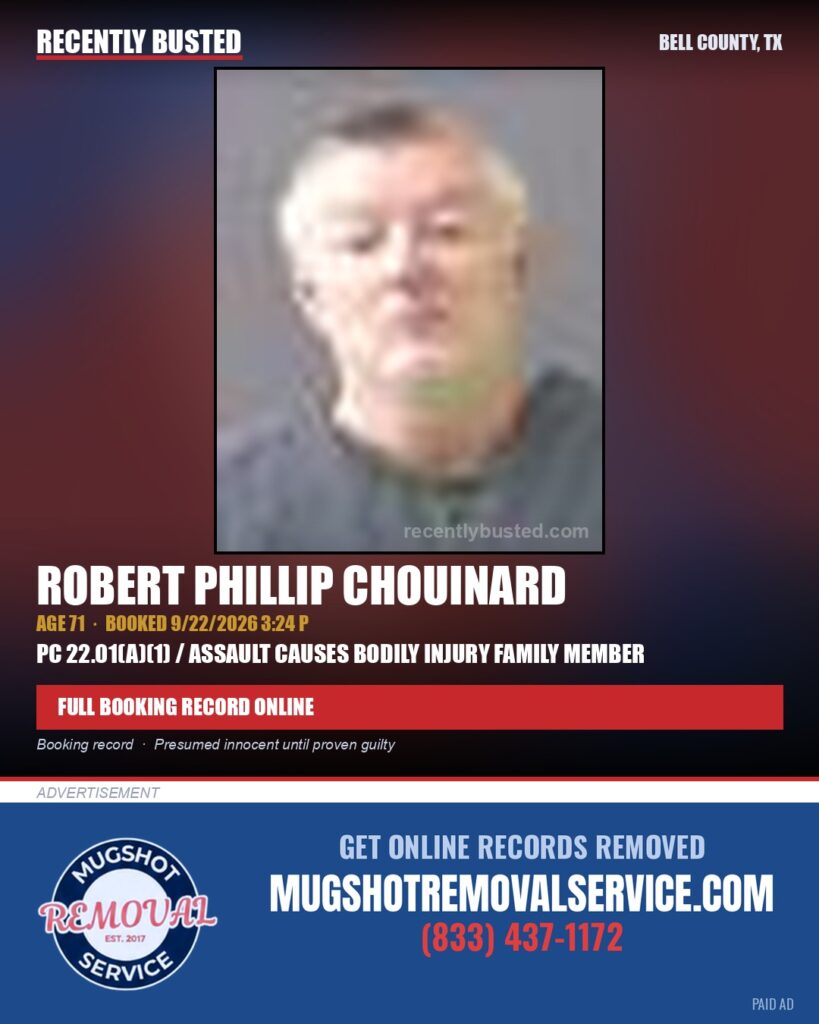 CHOUINARD, ROBERT PHILLIP — arrest record card, Bell County, Texas