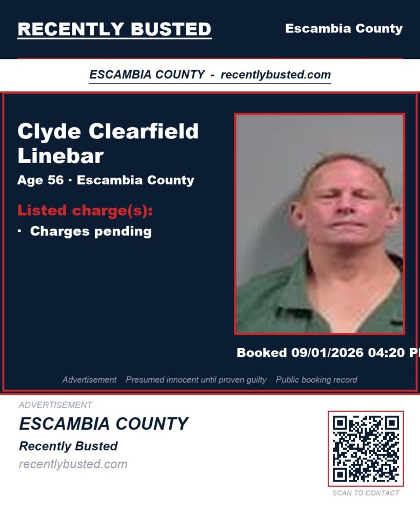 Clyde Clearfield Linebar — arrest record card, Escambia County, Florida