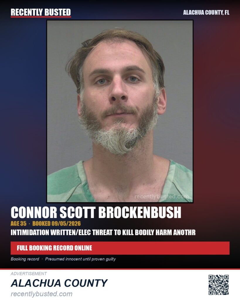 Connor Scott Brockenbush — arrest record card, Alachua County, Florida
