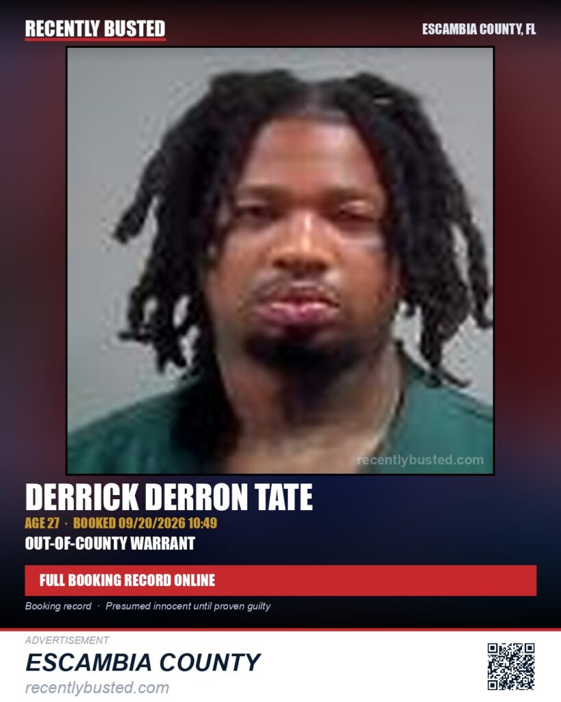 Derrick Derron Tate — arrest record card, Escambia County, Florida