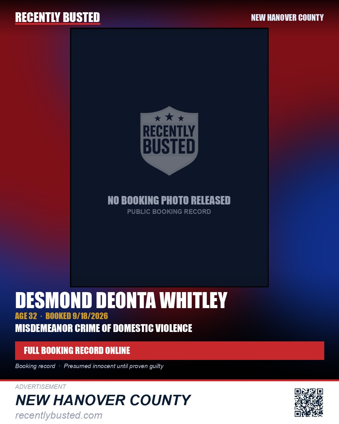 DESMOND DEONTA WHITLEY — arrest record card, New Hanover County